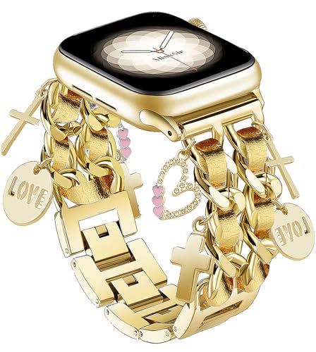 Gold Bracelet Band with Cute Charm Compatible for Apple Watch 38mm 40mm 41mm 42mm (S10) Women, Cuban Chain Strap for iWatch Series 10 9 8 7 6 5 4 3 2 SE