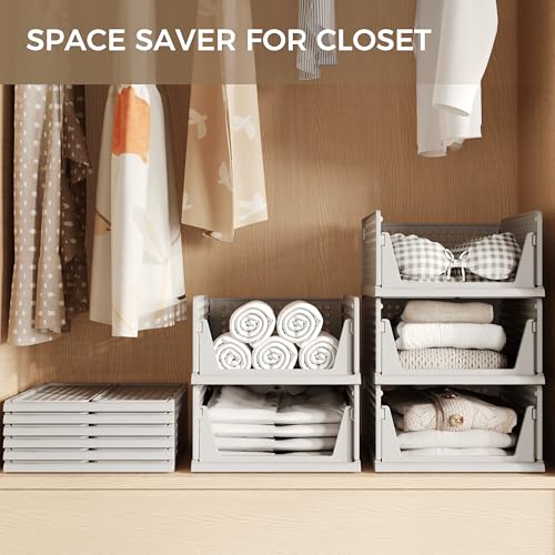 Image of Pinkpum Grey 6 Pack Closet Organizers Storage Bins, Stackable Plastic Drawer Basket for Clothing, Stackable Storage Bins Shelf Storage Container for Closet Wardrobe Bedroom Bathroom Office