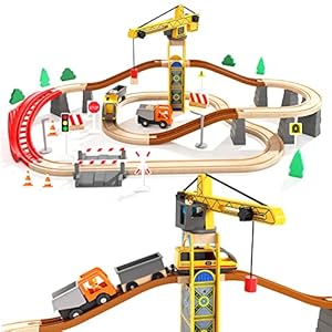 Giant bean Tower Crane Wooden Train Set, 72pcs Toy Battery Operated Train Track for Boys and Girls 3-7, Fit Thomas The Train, Brio, Melissa & Doug and Train Table