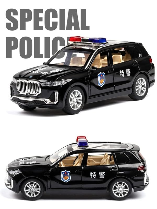 Image of Kids Model 1:32 BMW X7 Police Die Cast Metal Car Pull Back Action Opening Doors with Realistic Engine Sound Lights Toy Car Gift for Boys - Black