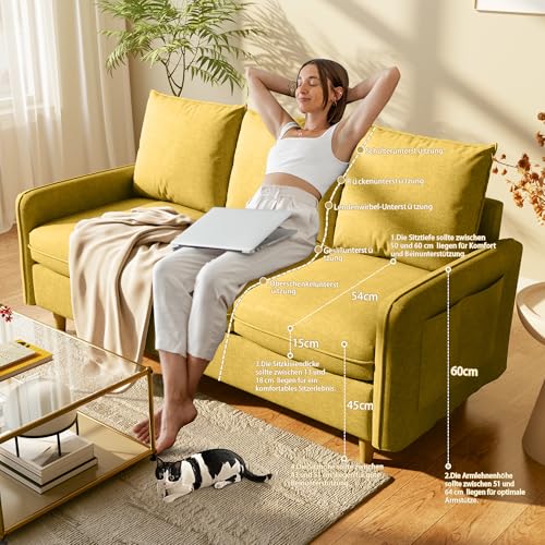 Meeyar 3 Sitzer Sofa, 221 cm Kleines Sofa mit Massivholzbeinen und Seitentaschen, Abnehmbare Bezüge, Kurzplüschstoff Sofa für Wohnzimmer, Schlafzimmer, Büro, Wohnung,Gelb