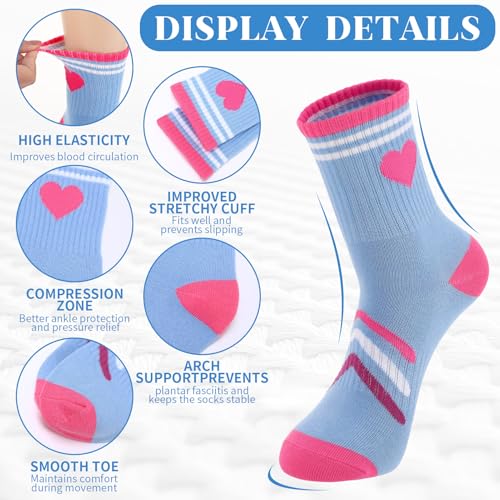 Jspupifip 6 Pairs Kids Athletic Socks, Girls Socks with Retro Hearts Stripes, Sport Crew Sock for Youth Teen Girls 9-13 Years Old2