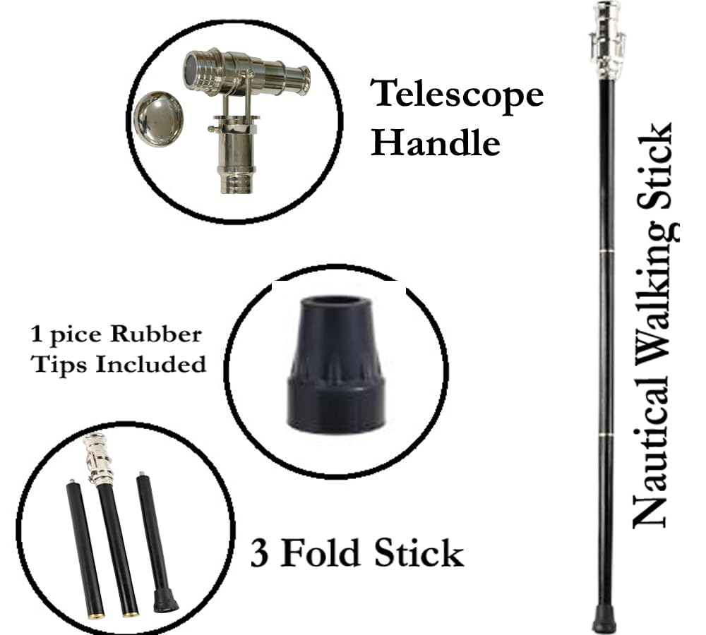 Bastone da passeggio in ottone vintage con manico telescopico canna in legno, manico cromato con testa in vetro spyglass nero bastone da passeggio in stile vittoriano 3 bastone pieghevole 37 pollici