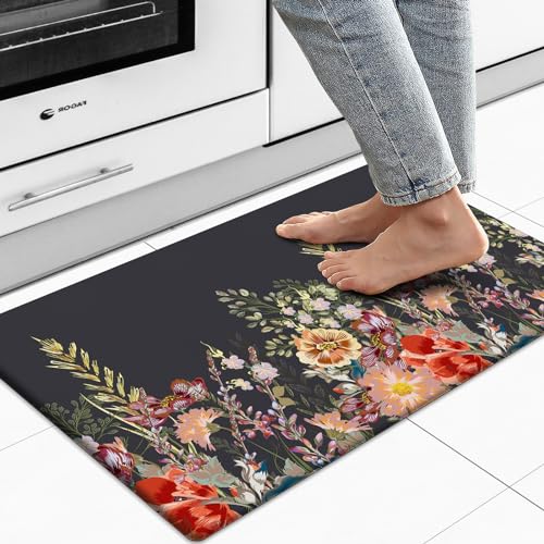 MAYHMYO Kitchen Rug Anti Fatigue Kitchen Mat Cushioned Black Floral Plants Cute Vintage Kitchen Rugs Non Skid Waterproof Kitchen Rugs and Mats for Floor Laundry Standing Desk Sink