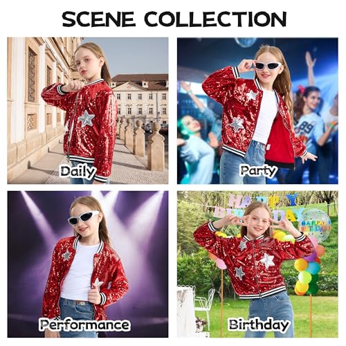 Image of LOLANTA Girls Sequin Jacket, Long Sleeve Kids Bomber Coats with Pockets, Spring Fall Outfits for 4-15 Years
