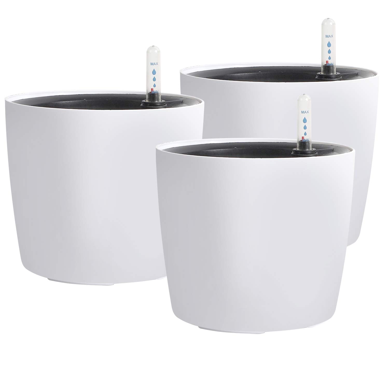 3 Packs 7 Inch Self Watering Pot with Water Level Indicator, Modern Garden Decorative White Flower Pot, Flowers, African Violets, Succulents, White