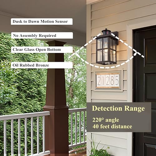 Image of MICSIU Bronze Motion Sensor Outdoor Wall Light 2 Pack, 11.75 inch Farmhouse | 3 Modes Dusk to Dawn Exterior Wall Sconce, Clear Glass Anti-Rust Porch Light for House, Garage