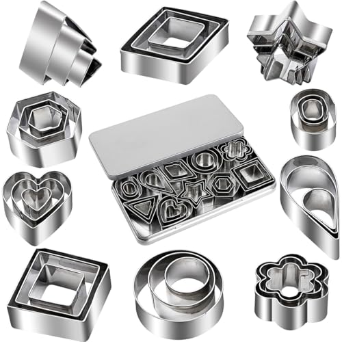 FENQURO 30 PCS Mini Emporte-pièces en Acier Inoxydable, Géométriques, Formes De Cœur Hexagonale Fleurs Étoiles pour Gâteaux Fondants