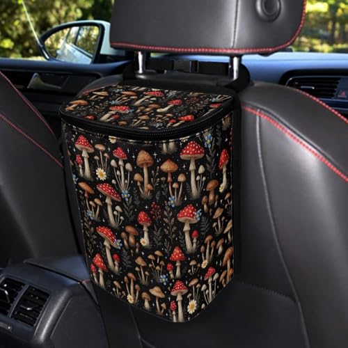 Vibrant Mushroom Floral Pattern Car Trash Can with Lid and Zipper Portable Foldable Trash Bin for Car Interior Accessories Multipurpose Garbage Can Bags Storage Organizer