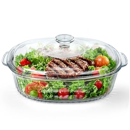 Reasim 2.8L/3Qt Glass Casserole Baking Dish with Lid, Large Oval Glass Casserole Dish with Lid,Mixing Bowl Food Container,Oven,Freezer&Microwave Safe,Clear Container