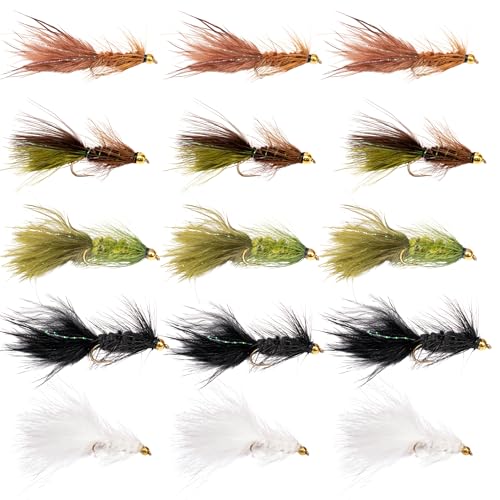 15 Piece Woolly Bugger Fly Fishing Flies Beadhead Streamers in Proven Fish-Catching Colors Hand-Tied Wet Flies for Trout Bass & Panfish Marabou Streamer Assortment for Rivers & Lakes