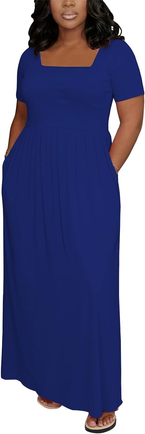 TOPSRANI Womens Plus Size Maxi Dresses for Women Oversize Casual Short Sleeve Crew Neck Loose Summer Dress with Pockets - Image 2