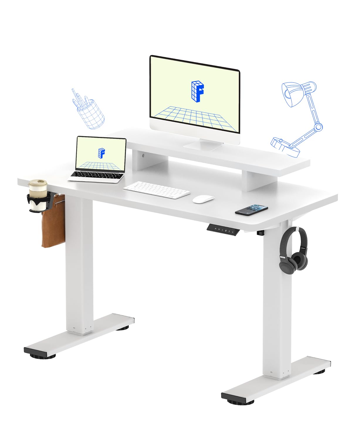 FLEXISPOT Standing Desk with Monitor Stand, 48 x 24 Inches One-Piece Electric Height Adjustable Computer Desk with Cup Holder for Home Office (White Frame+ White Top)
