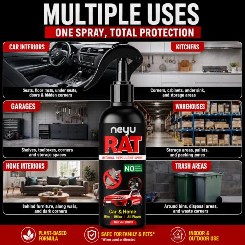 Image of NEYU Rat Repellent Spray for Car Engine & Wiring | Anti Rat Spray for Car, Bike & Home | Mouse & Rodent Protection | Natural Herbal Formula | Non Toxic | Chemical Free | 200ml (1 Piece)