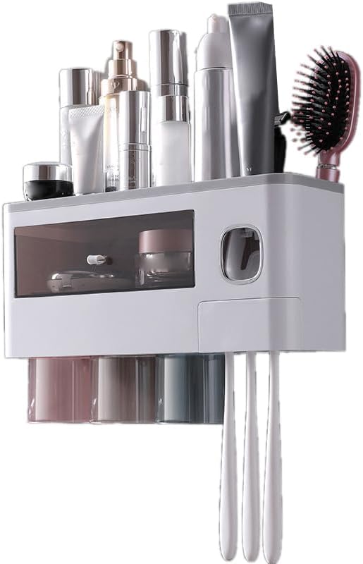 Magnetic Toothbrush Holder, Wall Mounted Bathroom Storage Rack,Toothpaste Dispenser with Cup Holder,Drawer Storage Organizer Space Saver(4 Cup Translucent) 4 Cup Translucent Gray