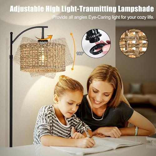 Image of Arc Floor Lamp for Living Room with Remote Control,Farmhouse Boho Floor Lamps with 3 Color Temperature,Rustic Standing Lamp with Rattan Wicker Shades,Adjustable Tall Lamp for Bedroom,Office,Reading