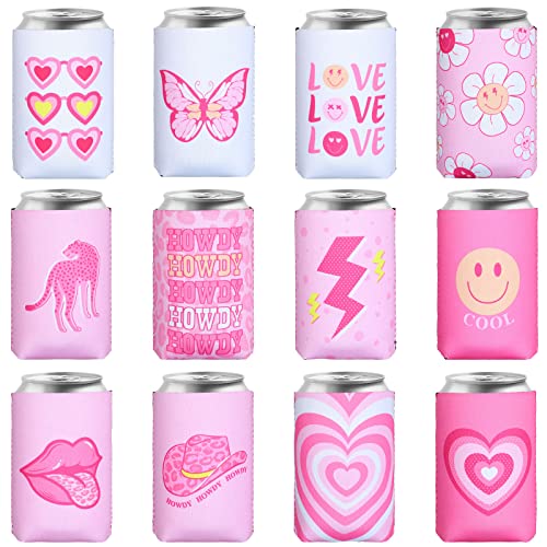 12 Pcs Preppy Beer Coolers Aesthetic Hot Pink White Can Coolers Neoprene Insulated Drink Bottle Beer Holder Non Slip Washable Beer Sleeve Insulators Covers For Party Supplies #TOP13
