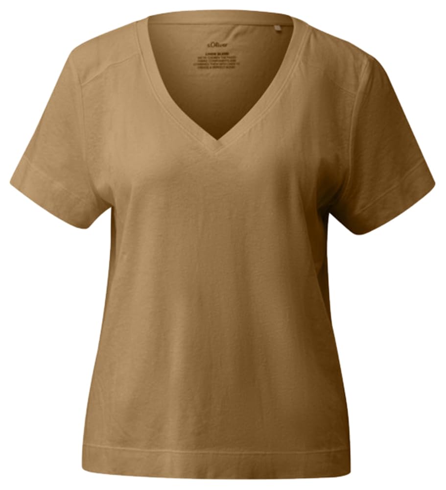 s.Oliver Women's 2178635 V-Neck Linen Mix T-Shirt (Pack of 1), Brown, 12