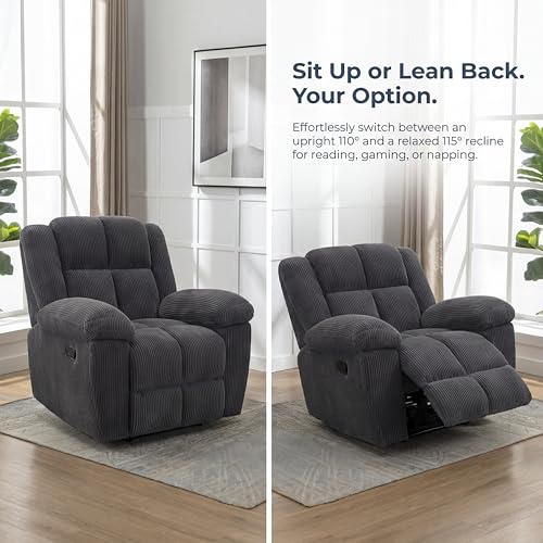 Image of Oversized Corduroy Recliner Chair, Manual Lazy Boy Recliner with Home Theater Seating, Breathable Living Room Reclining Chair for Adults Reading, Gaming, Relax, Dark Gray
