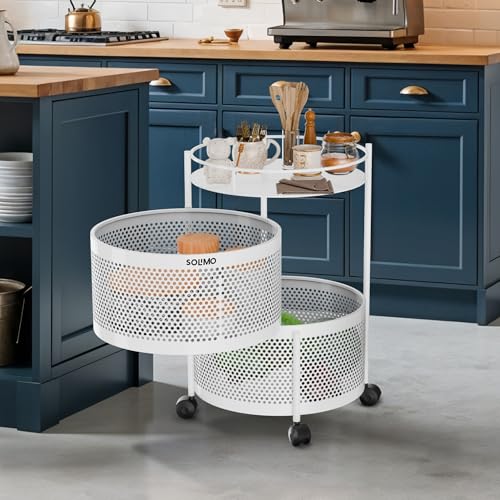 Image of Amazon Brand - Solimo 360 Revolving Preassembled Portable 2 Layer Round Multipurpose Storage Kitchen Rack Carbon Steel Fruit Vegetable & Spice Trolley with Wheels for Kitchen Organizer(Matte, White)