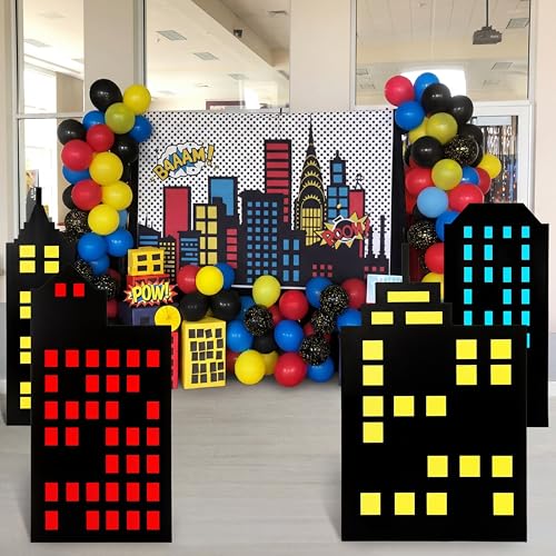 Image of 4 Pcs Hero Stand Party Decorations Set with Sturdy Bases Skyscraper Big Yard Sign for Hero Theme Birthday Party Backdrop City Skyline Buildings Photo Booth Props Supplies