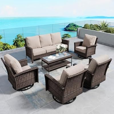SUNSHINE VALLEY 6 Pieces Patio Furniture Set with Swivel Chairs, High Back Wicker Rattan Sofa with Extra Thick Cushion and Coffee Table, Outdoor Conversation Set for Garden Backyard Deck,Beige