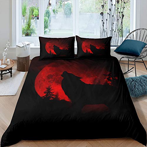 Black Evening Red Moon Duvet Cover Queen Lonely Howling Wolf Theme Bedding Sets Black Base Gothic Style 3 Pieces Comforter Sets(1 Duvet Cover 2 Pillow Cases) #TOP22