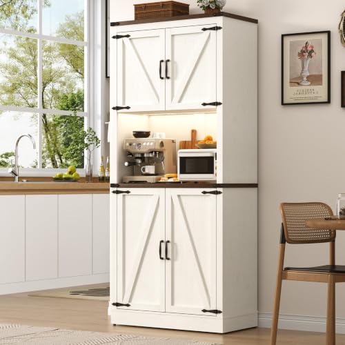 Image of 72 inch Tall Farmhouse Kitchen Pantry Cabinet with LED Light and Power Outlet,Modern Farmhouse Kitchen Storage Cabinet w Load-Bearing Steel Pipe,Barn Doors, Organizer,Food Pantry Cabinets(2PC White)