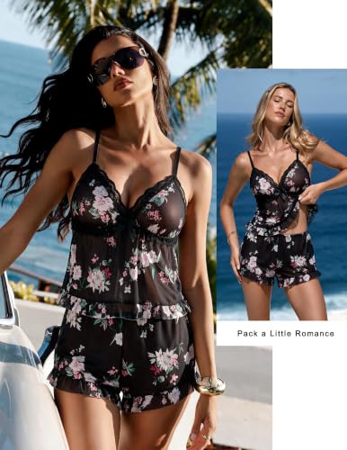 Image of Avidlove Sexy Pajama Lingerie Set for Women Sheer Mesh Cami Shorts