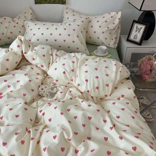 Image of Nayoroom Heart Duvet Cover Twin Size Kawaii Pink Heart Printed on Cream White Bedding Set 2Pcs Kids Girls Cute Heart-Shaped Pattern Comforter Cover with Zipper Closure Soft Breathable Microfiber