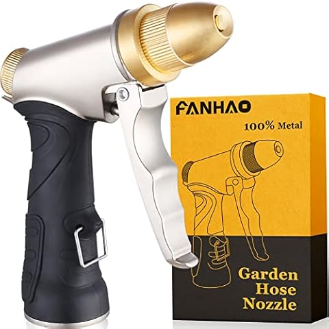 FANHAO Garden Hose Nozzle, 100% Heavy Duty Metal Spray Nozzle High Pressure Water Nozzle with 4 Patterns for Watering Garden, Washing Cars and Showering Pets - Full Brass Nozzle + ABS Non-Slip Grip Cover