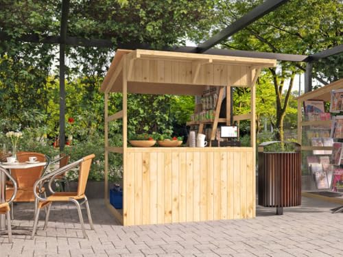 Woodtex Anton Marktstand Gerätehaus, Marktbude Holz, Qualitäts Pultdach Fichte Verkaufsstand Holzhaus mit Theke, ohne Boden 170x180x200cm, multifunktionale Verkaufshütte mit großes Verkaufsfenster