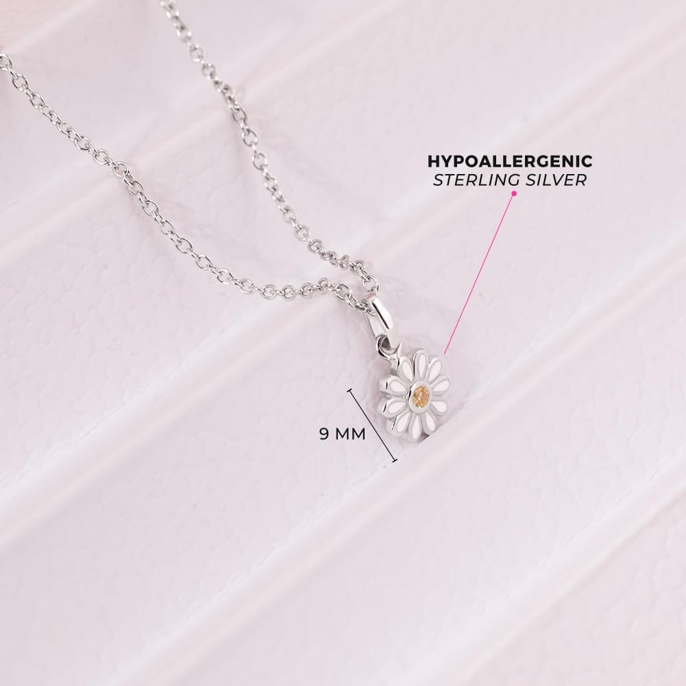 925 Sterling Silver Yellow Cubic Zirconia Daisy Flower Pendant Necklace for Little Girls 16" - Floral Whimsical Wildflower Charm Pendant For Young Girls - Trendy Daisy Flower Jewelry