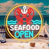 Horseneon Seafood Open Neon Schild Open Neon Sign für Deko Dimmbare Food Led Leuchtreklame Seafood Neon Schriftzug Hummer Neon Licht für Fischrestaurants,Nachtmärkte und Store Dekoration