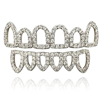 Psivika Gold Shiny Plated Hip Hop Teeth Grillz Caps Iced Out CZ Top and Bottom Vampire Fangs Grillz for Your Teeth for Men and Women