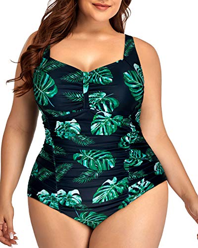 Photo 1 of Yonique Women Plus Size One Piece Swimsuit- Green Leaves (Size 16 Plus)