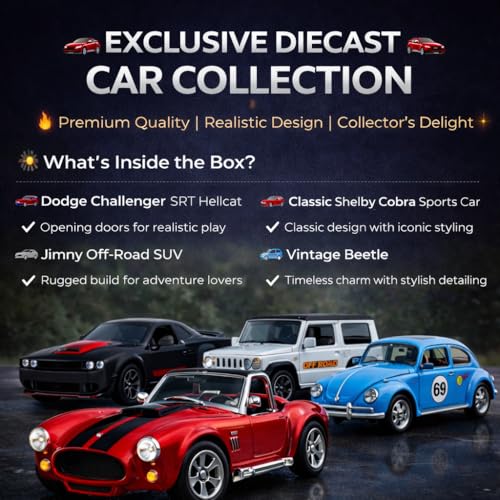 Image of 4 PCS Diecast Car Set 1:64 Scale - Dodge Challenger (Opening Doors) + Shelby Cobra + Jimny SUV + Classic Beetle | Metal Toy Cars | Mini Collectible Cars for Kids Boys & Collectors