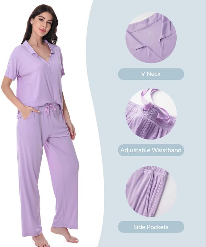 DAVID ARCHY Viscose from Bamboo Pajamas Set for Women Soft Ribbed Knit 2 Piece Lounge Set Cooling Pajamas with V-Neck - Image 6