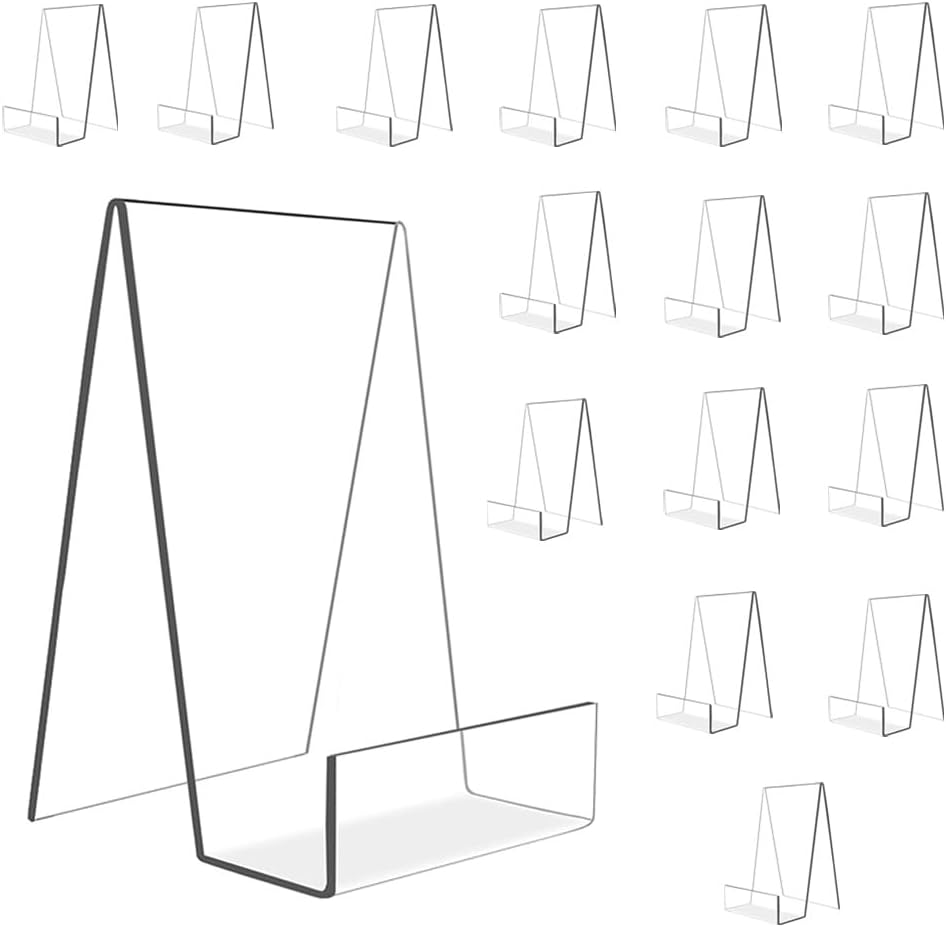 16 Pcs Large Acrylic Book Display Stand, 5.7''×4'' Display Stand with Ledge, Clear Acrylic Book Display Easel for Album, CD, Picture, Artworks, Phone, Tablet