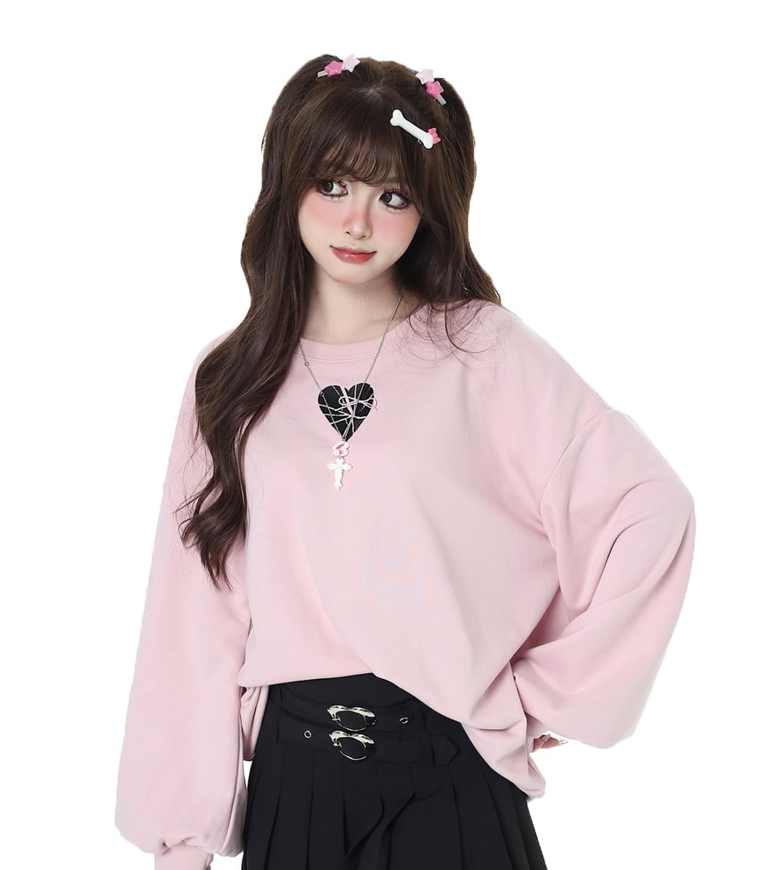 OATSBASWomen's Cute Sweatshirts Love Heart Print Y2K Bow Tie Lace Up Cute Loose Casual Long Sleeve Top