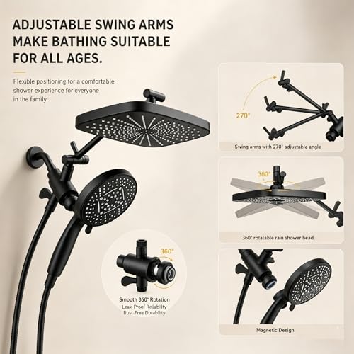Image of High Pressure Shower Head with Handheld, Upgrade Rain Shower Heads with Fixed Showerhead Combo, 10 Sprays Handheld Shower Head Built in Power Jets, 71 inch Long Hose, Matt Black
