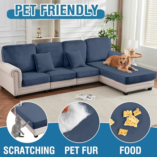 Image of Couch Cover 3-Piece Elastic Velvet Couch Cushion Covers & Chaise Slipcovers for L-Shaped Sofas, Sofa Seat Covers Washable, Soft Cover for Couches (2 Seater + Chaise, Berlin Blue)