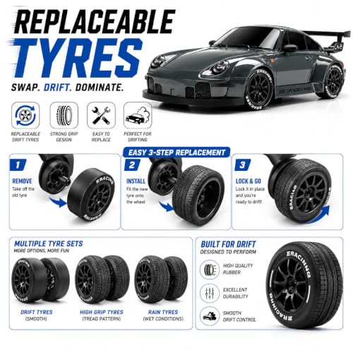 Image of RC Drift Car TORSCHE 1:24 Scale 2.4GHz | 25 KM /H High Speed, Replaceable Drift Tyres, Rechargeable Battery, LED Lights, Traffic Cones & Spare Wheels