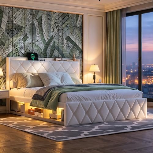 Lit Rembourré 140x200cm avec Chargeur USB Type-C et LED Musique, Cadre de Lit 2 Personnes en Tissu Polaire Teddy Blanc avec 6 Tiroirs de Rangement Latéraux,...