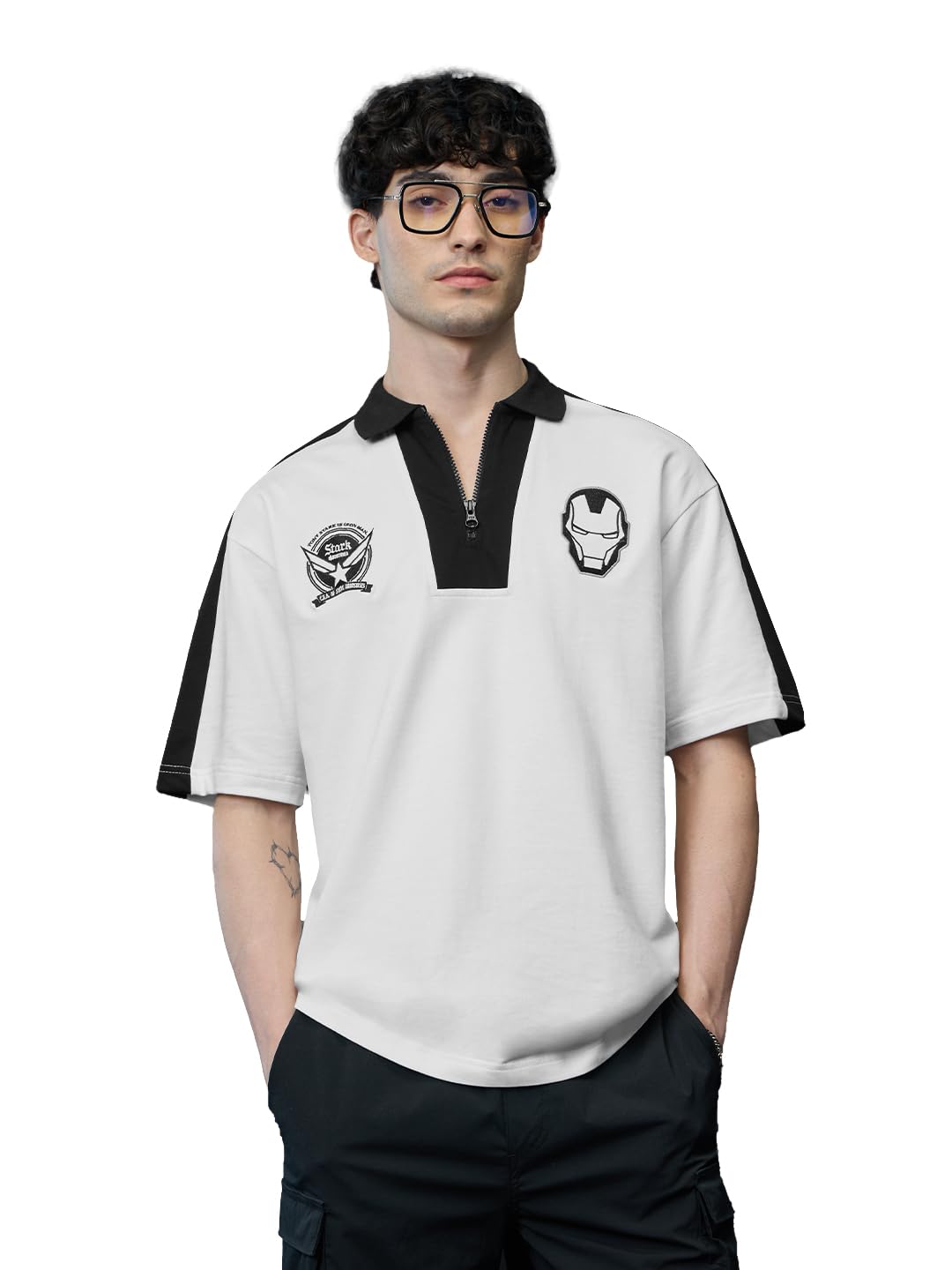 the souled store Iron Man: Stark Industries Men and Boys Short Sleeves Collared Neck White Embroidered Cotton Oversized Fit Zipper Polos-picture-42
