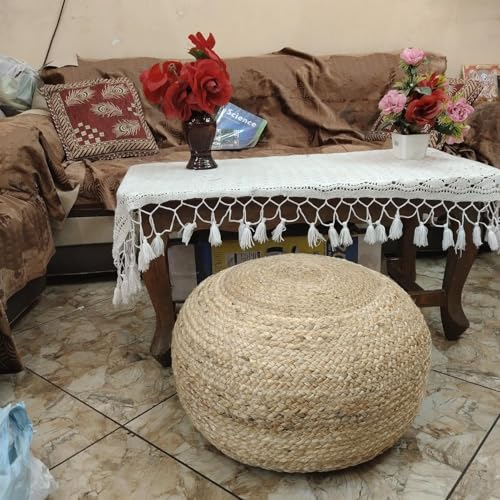 Image of Cotton Dori Ottoman Pouf for Seating|Cotton Dori Pouffe for Footrest Filled with Bean Balls|Ottoman Pouf Stools for Living Roombedroom, 50D x 50W x 30H Centimeters Beige