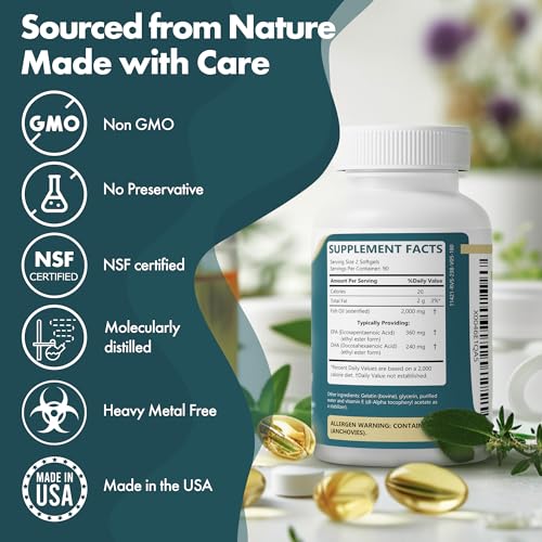 Omega 3 Fish Oil Softgel 2000 mg - Ultimate EPA DHA Supplement for Men and Women - Burpless - No Fishy Taste - Unflavored 180 Softgels - Organic, Non GMO - Made in The USA - Image 3