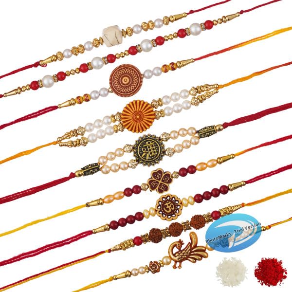 Image of eCraftIndia Set of 5 Rakhi Combo Hamper | Colorful Radha Krishna Peacock Feather Flower Pearl Designer Rakhis | Roli Chawal Pack