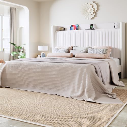 Image of Allewie King Size Platform Bed Frame with USB Charging Station and Storage Shelf /Upholstered Velvet Wingback Headboard /Wooden Slats Support /No Box Spring Needed /Easy Assembly, White
