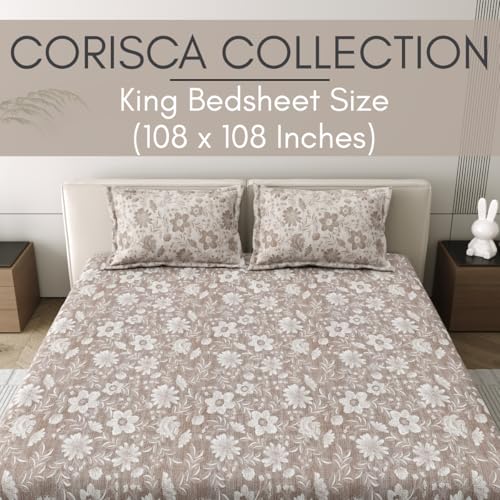 Image of Mafatlal 186 Tc Corsica Cotton Bedsheet for King Size Bed | 108 X 108 Inches | Summer Lightweight Chador for Breathable Sleep | Bedding Set with 2 Pillow Covers | Beige